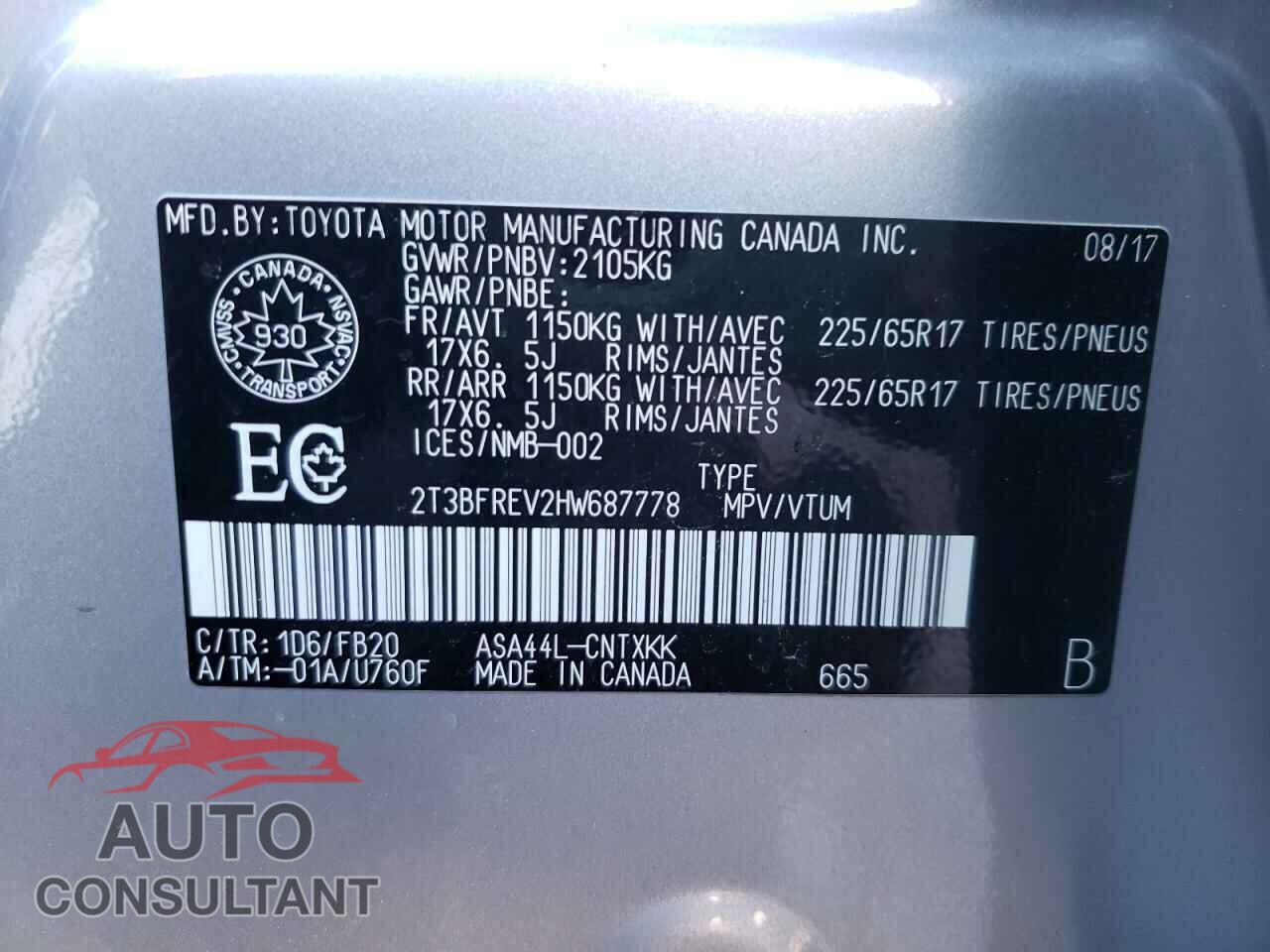 TOYOTA RAV4 2017 - 2T3BFREV2HW687778
