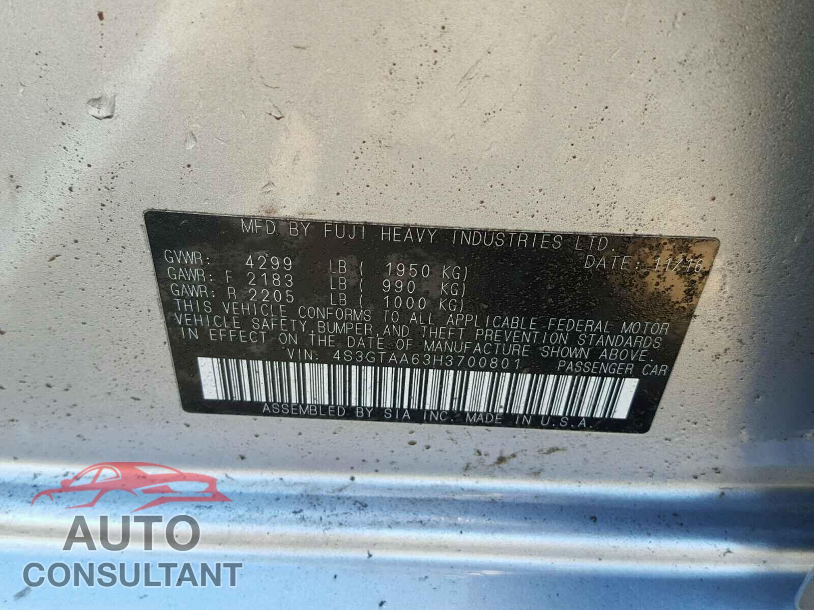 SUBARU IMPREZA 2017 - 4S3GTAA63H3700801