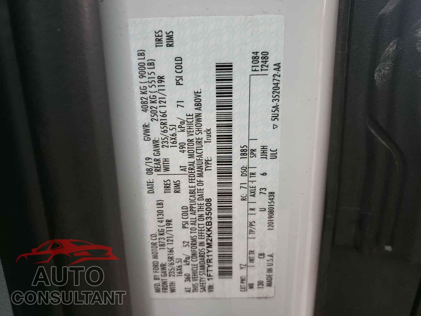 FORD TRANSIT CO 2019 - 1FTYR1YM2KKB35008