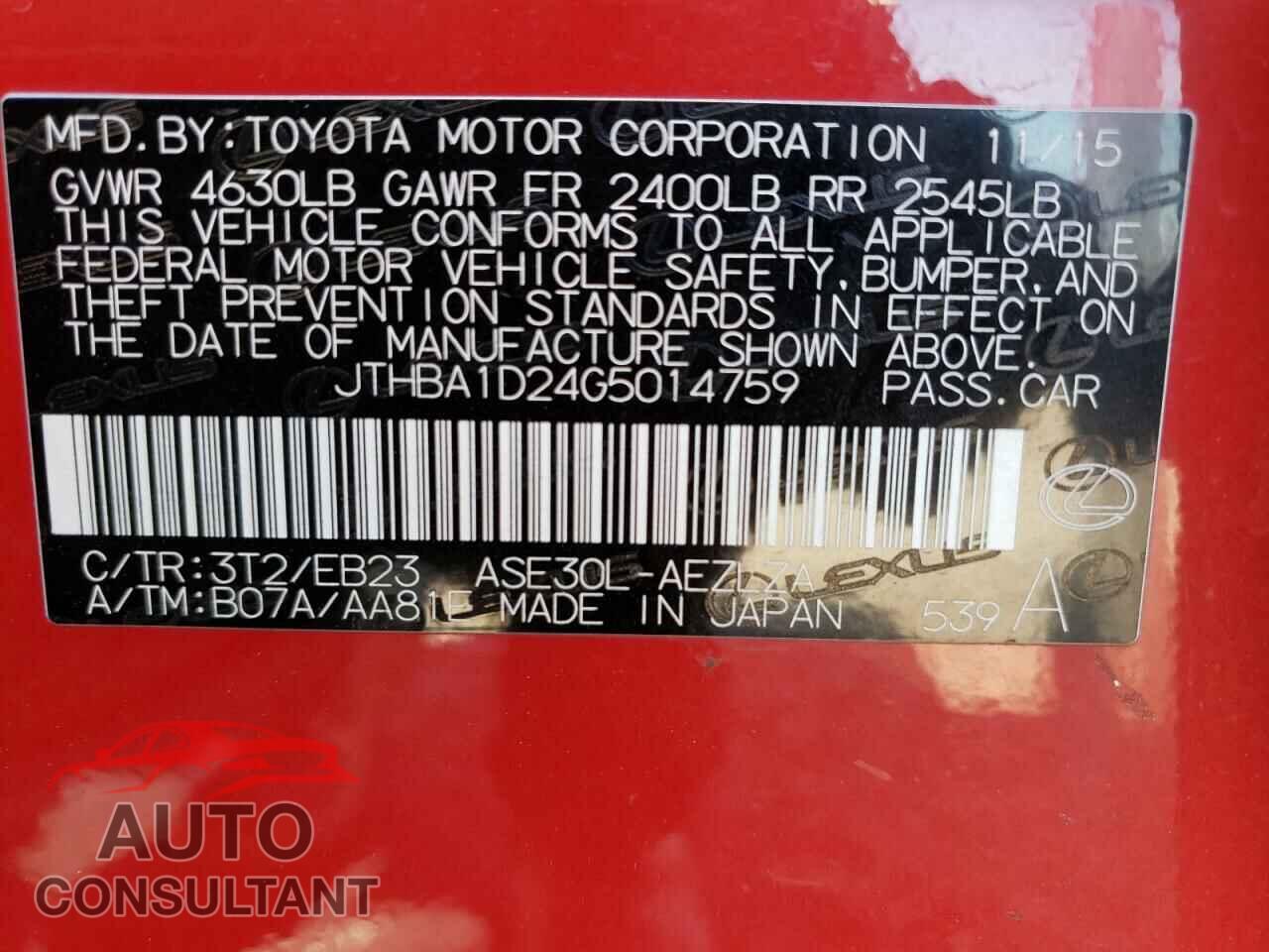 LEXUS IS 2016 - JTHBA1D24G5014759