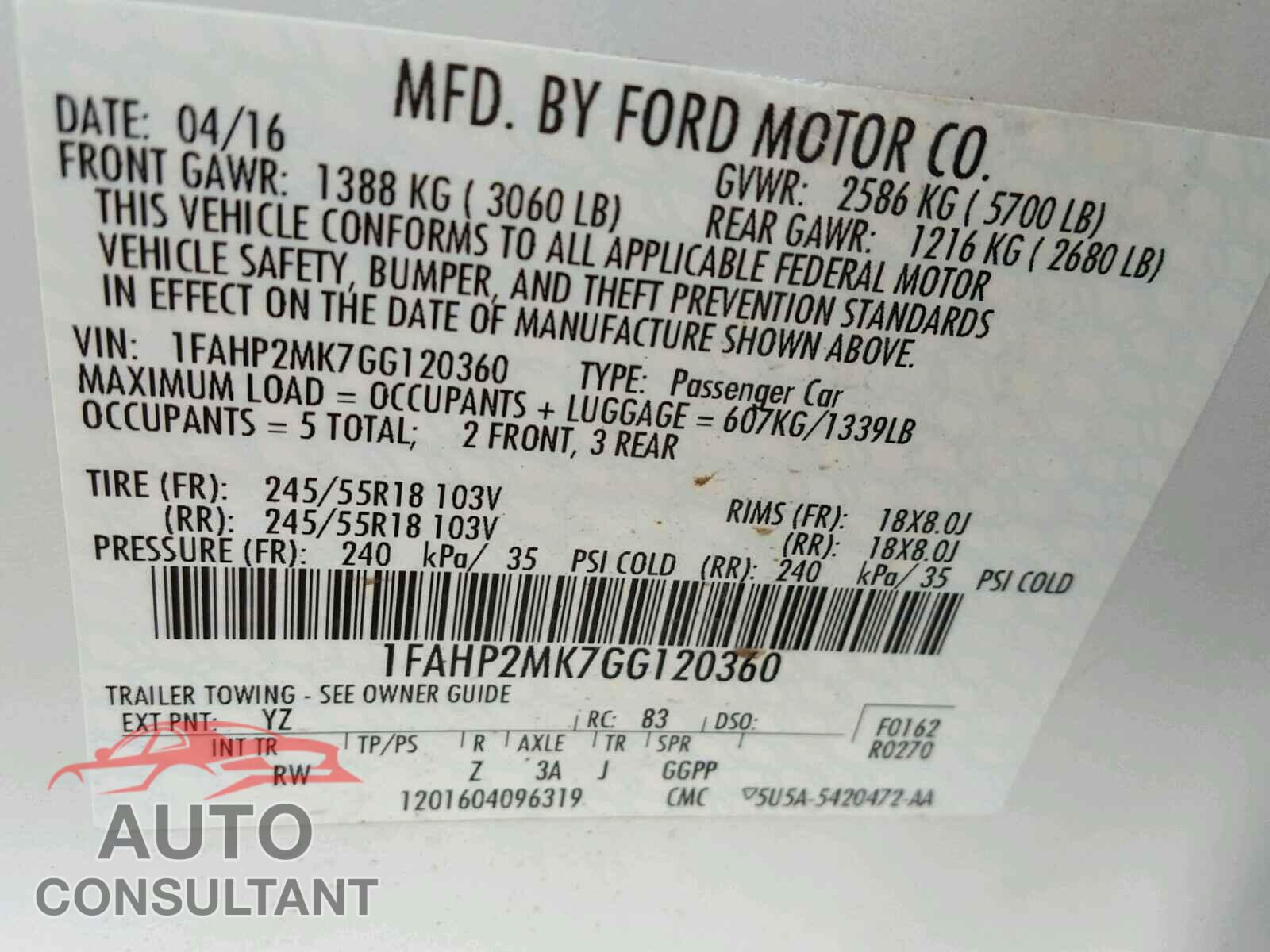 FORD TAURUS 2016 - 1HGCR3F91HA041433