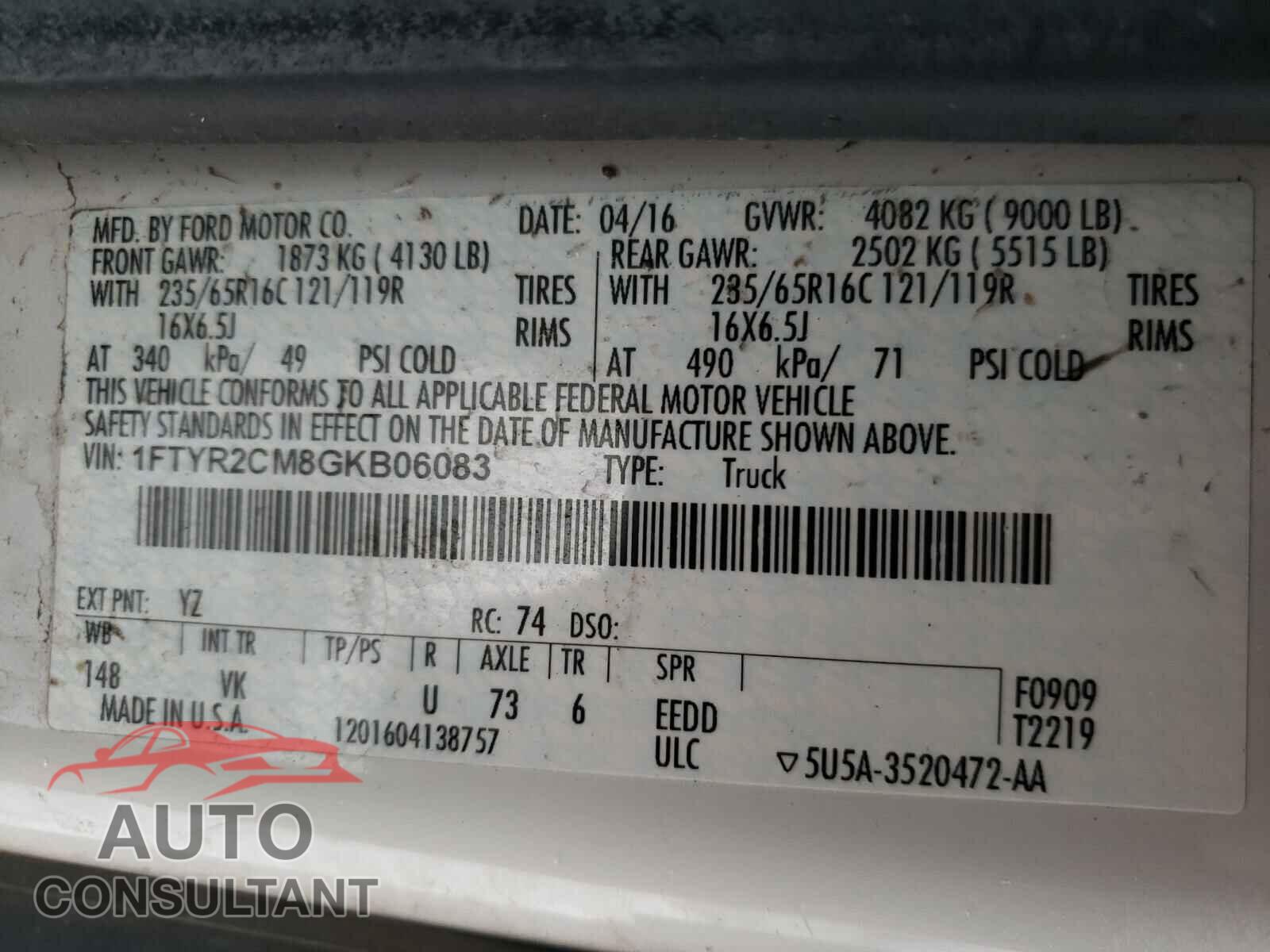 FORD TRANSIT CO 2016 - 1FTYR2CM8GKB06083