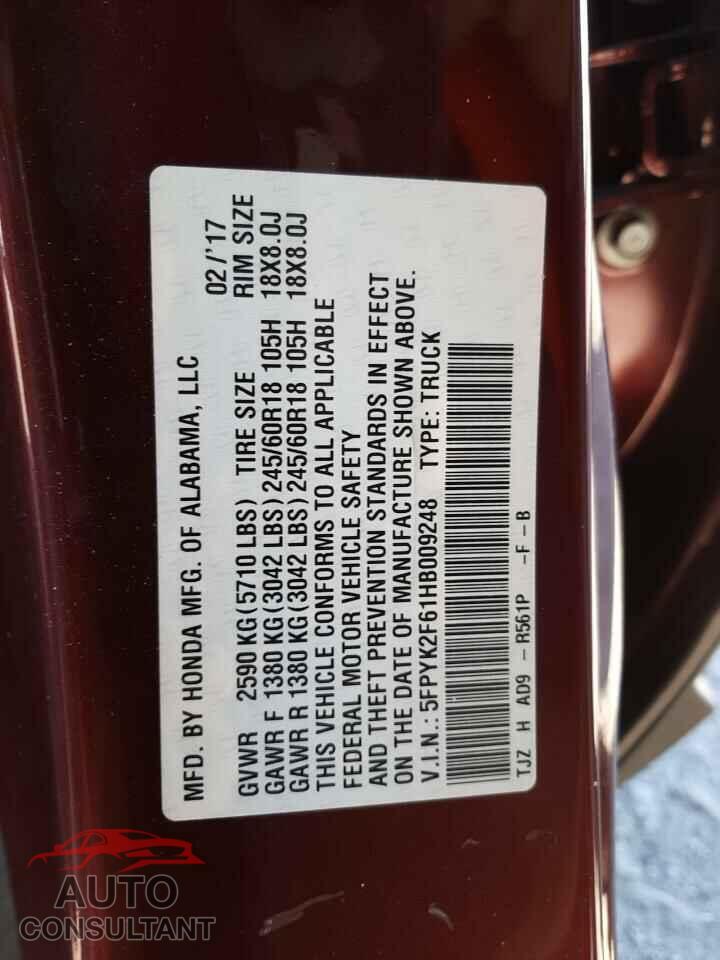 HONDA RIDGELINE 2017 - 5FPYK2F61HB009248