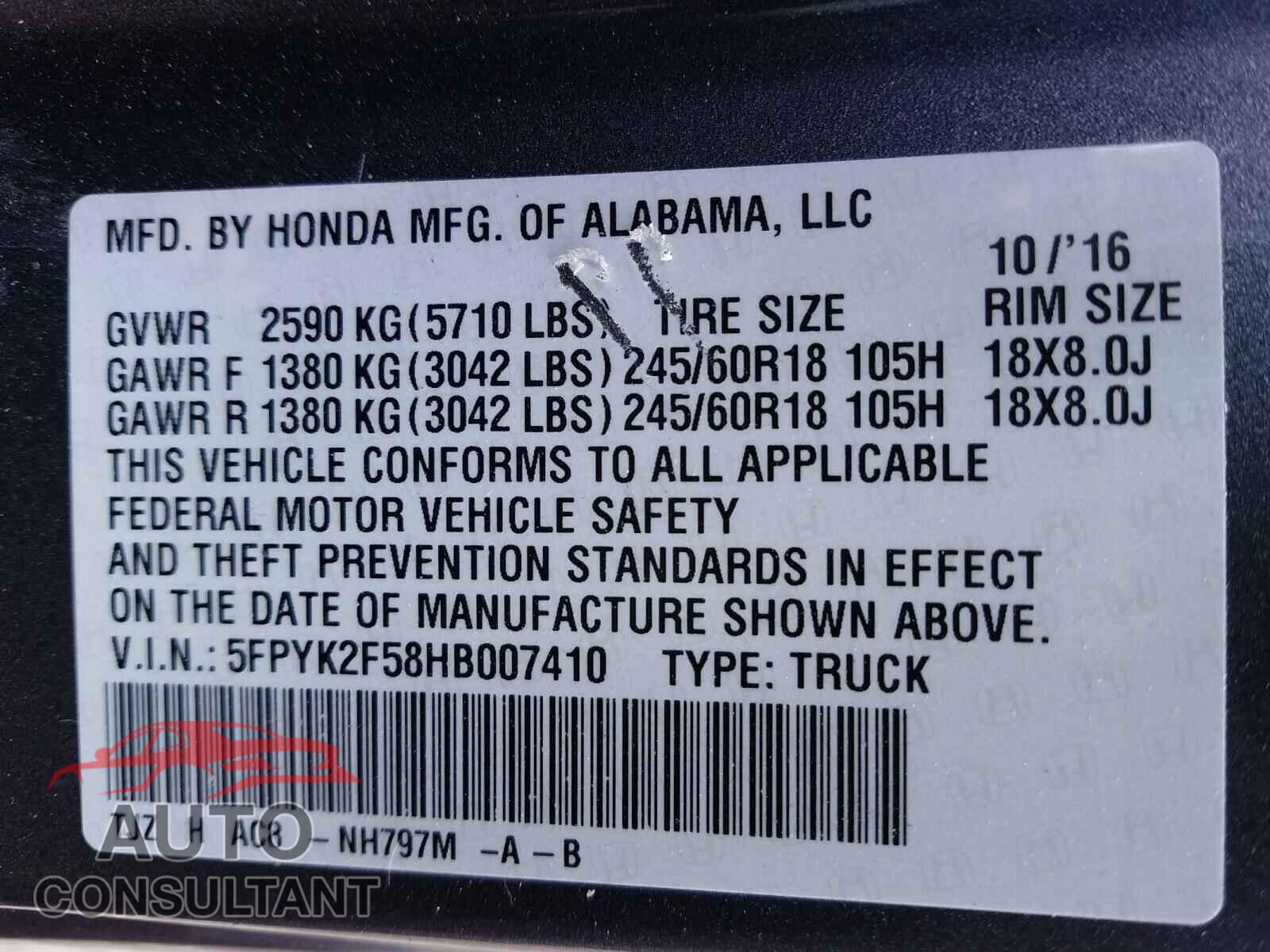 HONDA RIDGELINE 2017 - 5FPYK2F58HB007410