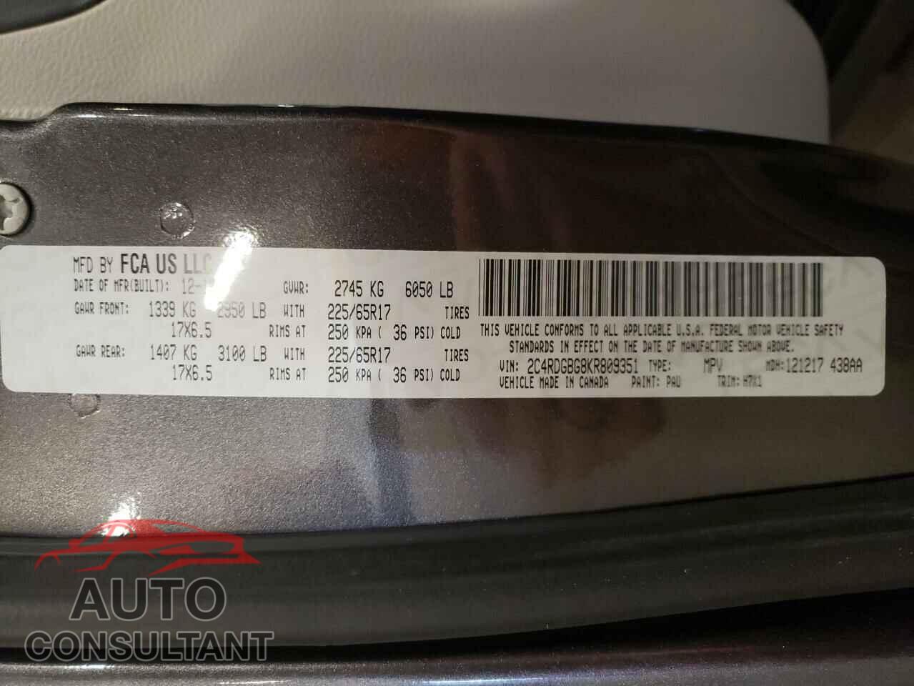 DODGE CARAVAN 2019 - 2C4RDGBG8KR809351