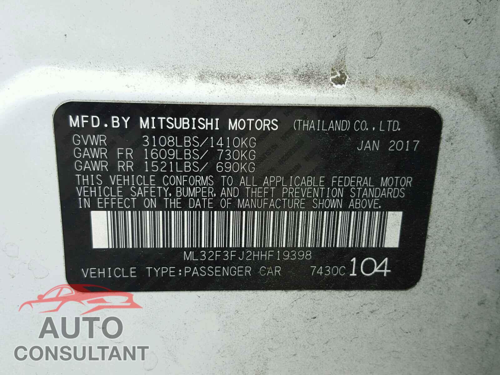 MITSUBISHI MIRAGE 2017 - ML32F3FJ2HHF19398