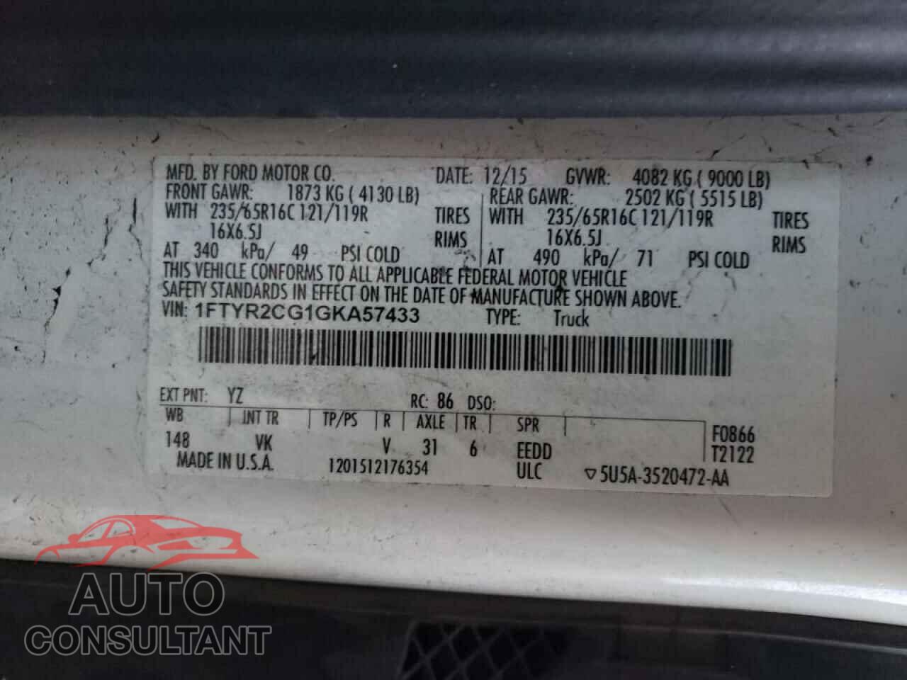 FORD TRANSIT CO 2016 - 1FTYR2CG1GKA57433