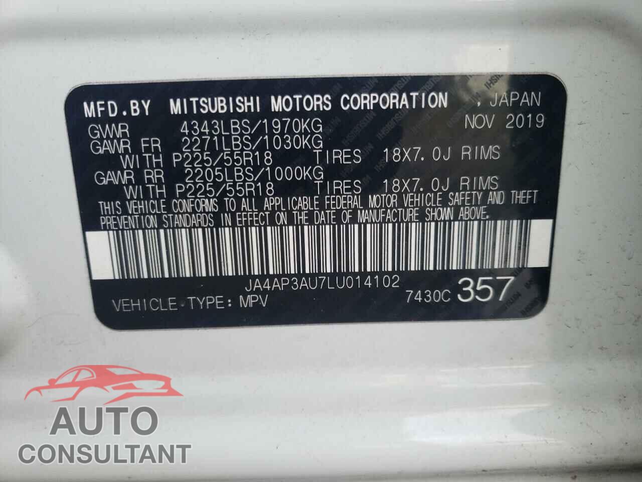 MITSUBISHI OUTLANDER 2020 - JA4AP3AU7LU014102