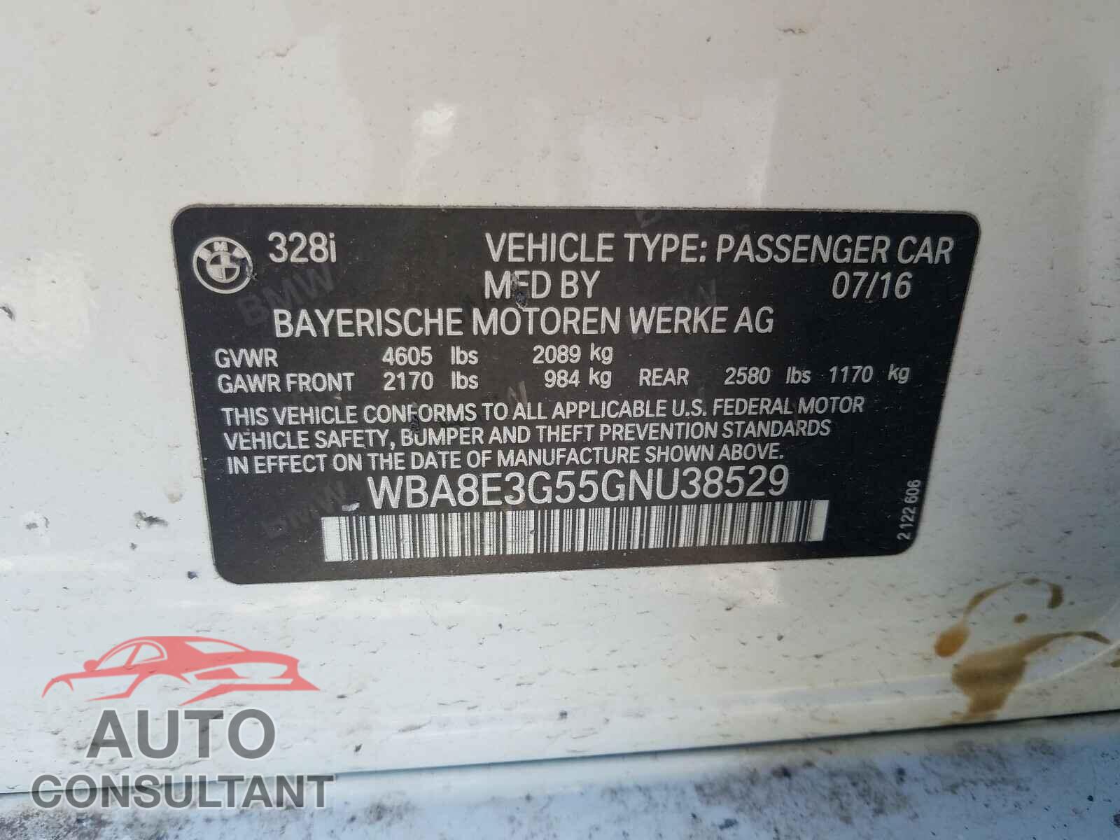 BMW 3 SERIES 2016 - WBA8E3G55GNU38529