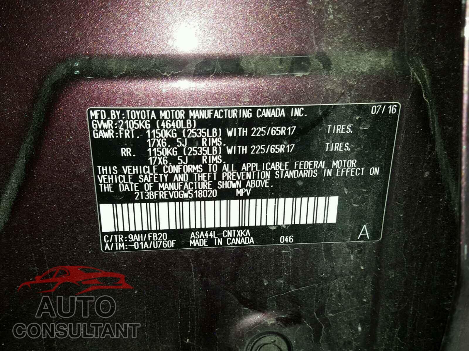 TOYOTA RAV4 2016 - 2T3BFREV0GW518020