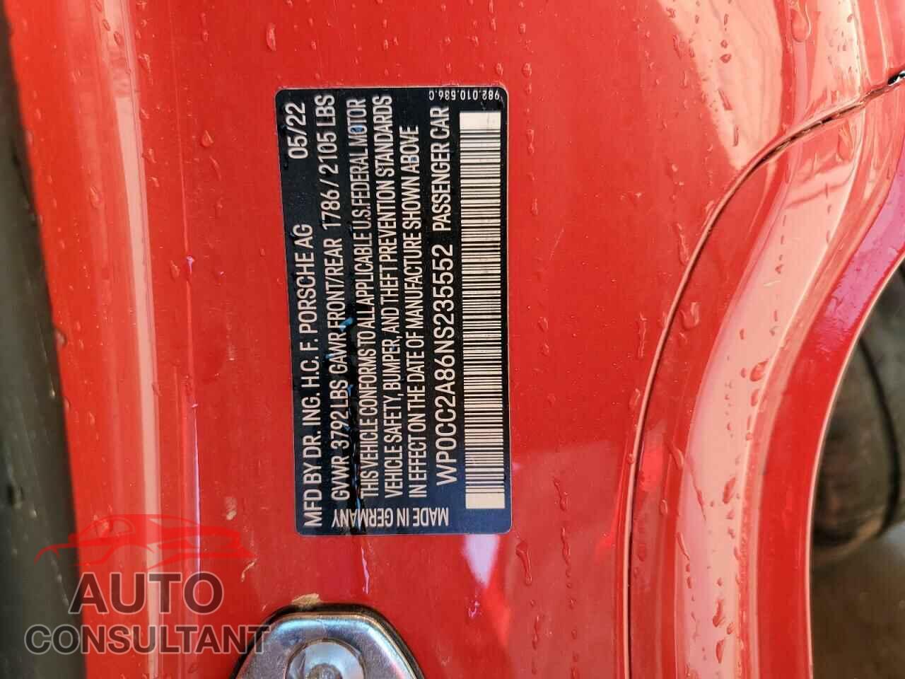 PORSCHE BOXSTER 2022 - WP0CC2A86NS235552