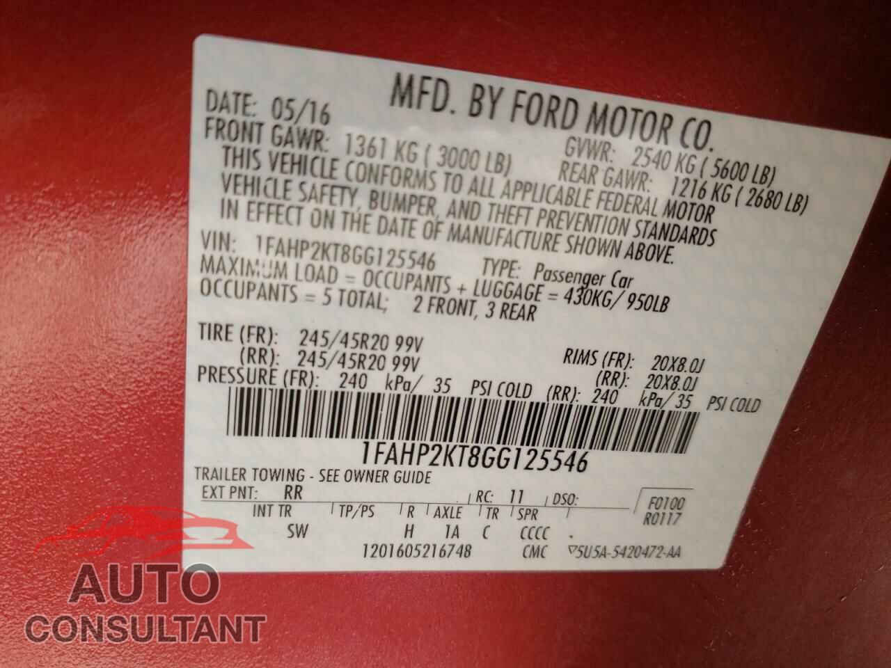 FORD TAURUS 2016 - 1FAHP2KT8GG125546