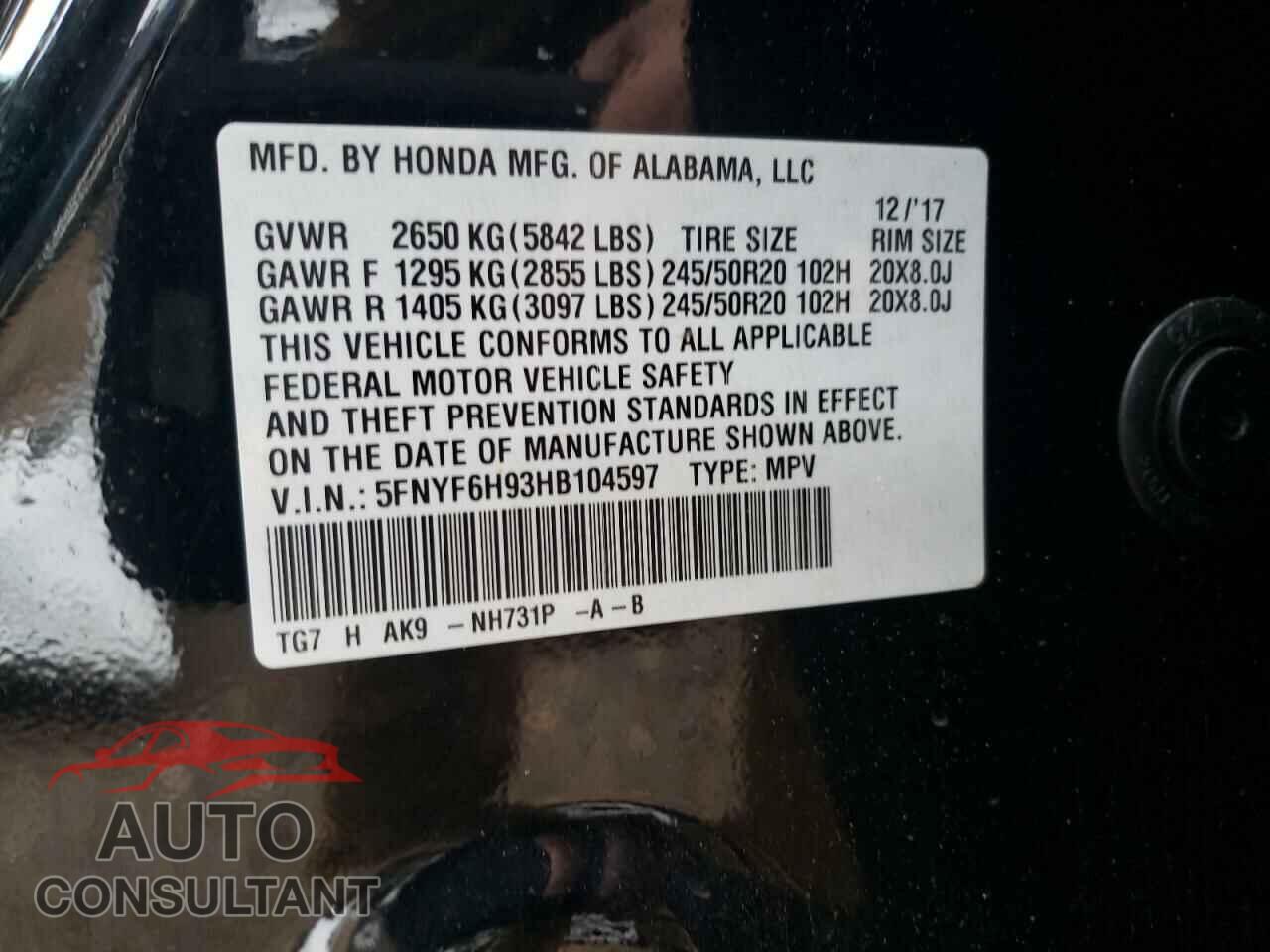 HONDA PILOT 2017 - 5FNYF6H93HB104597