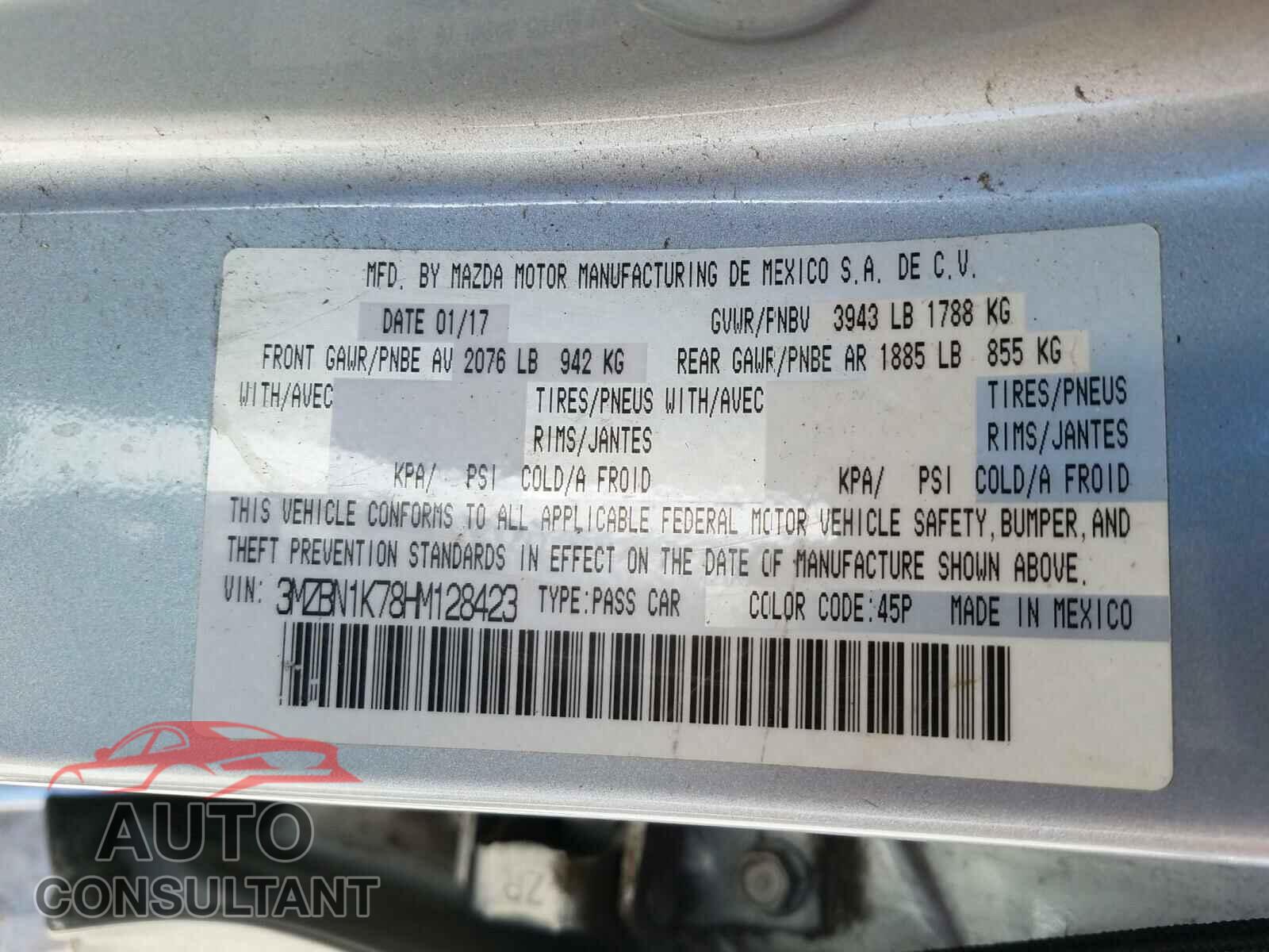 MAZDA 3 2017 - 3MZBN1K78HM128423