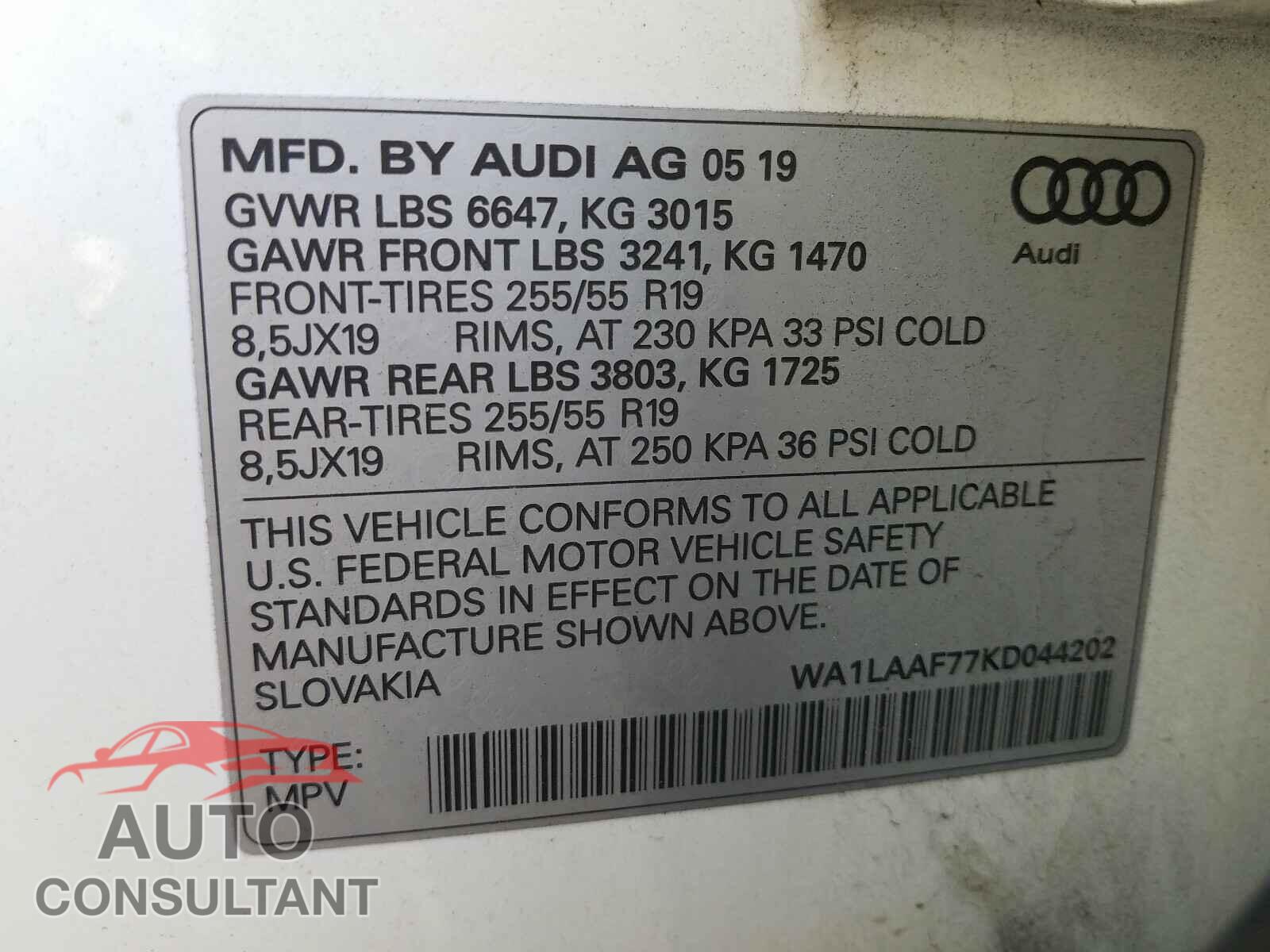 AUDI Q7 2019 - WA1LAAF77KD044202