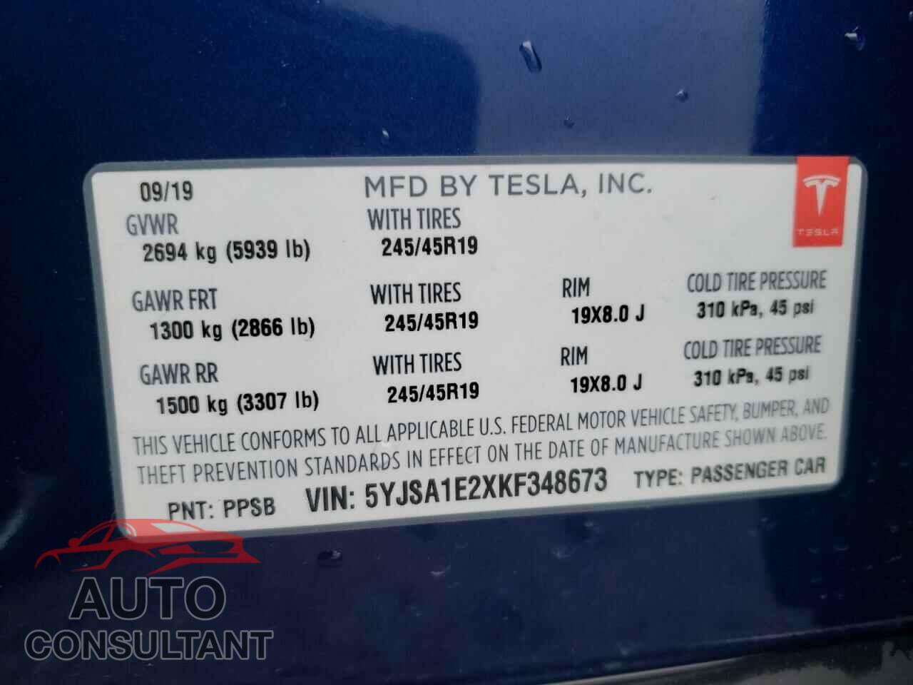 TESLA MODEL S 2019 - 5YJSA1E2XKF348673