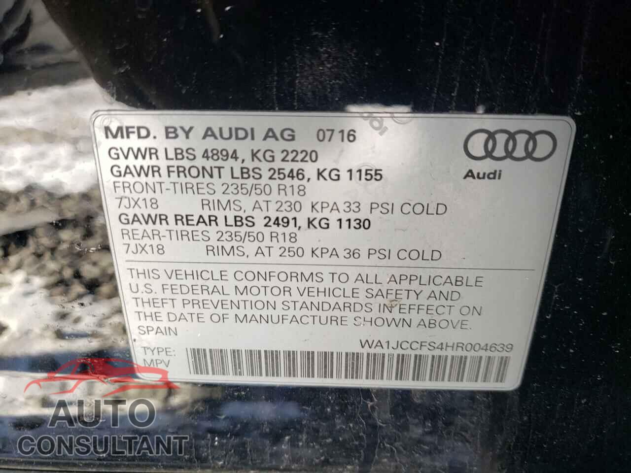 AUDI Q3 2017 - WA1JCCFS4HR004639
