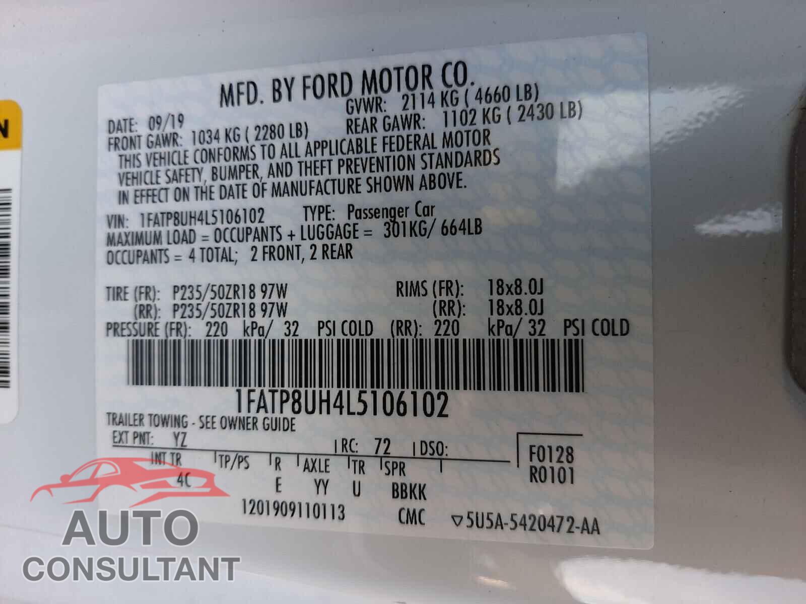 FORD MUSTANG 2020 - 1FATP8UH4L5106102