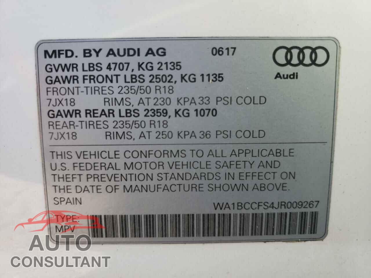AUDI Q3 2018 - WA1BCCFS4JR009267
