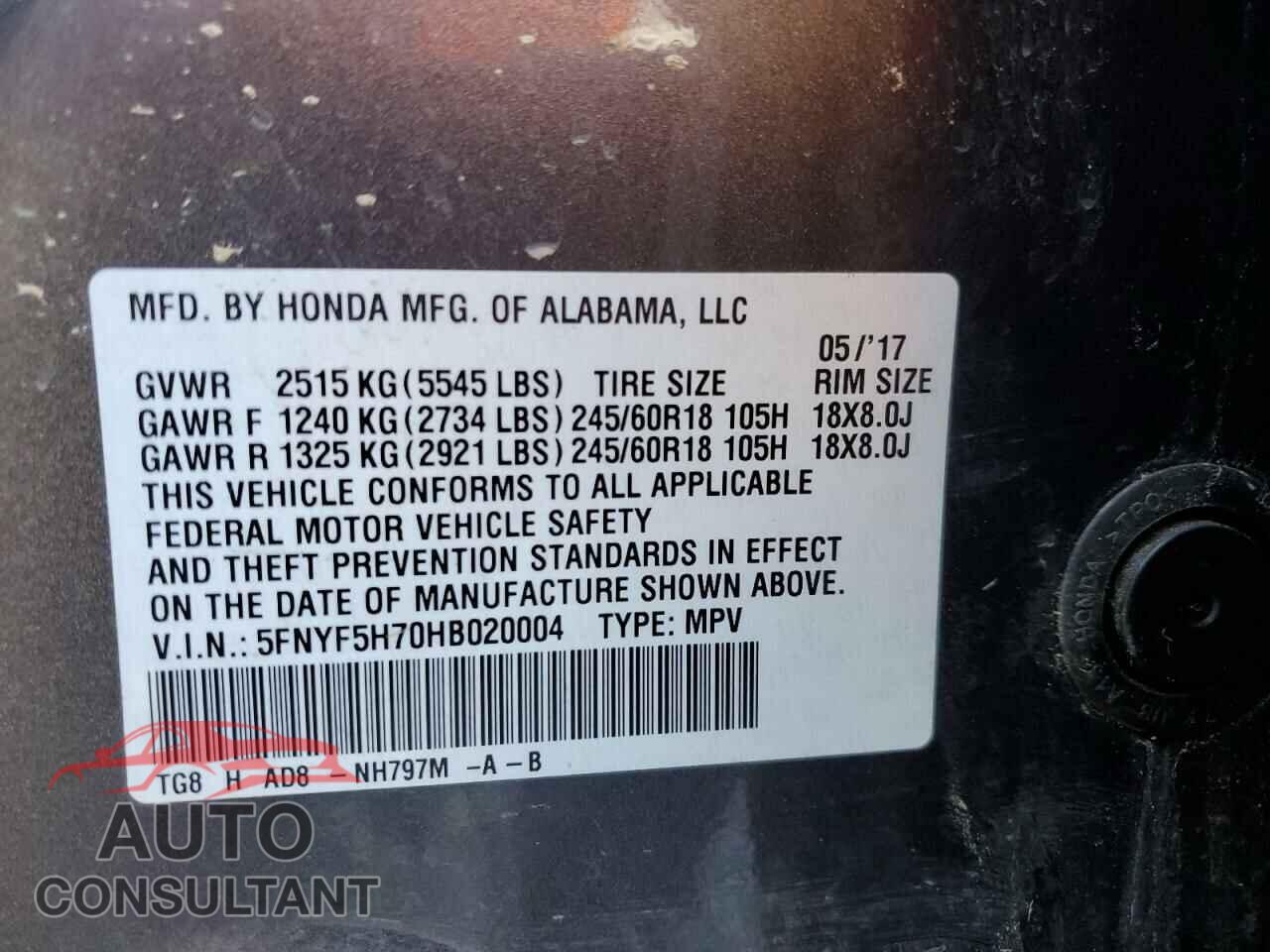 HONDA PILOT 2017 - 5FNYF5H70HB020004