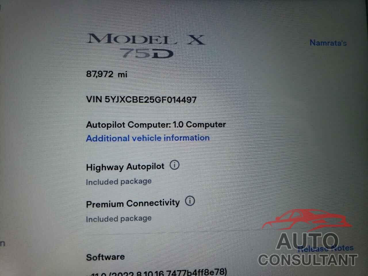 TESLA MODEL X 2016 - 5YJXCBE25GF014497