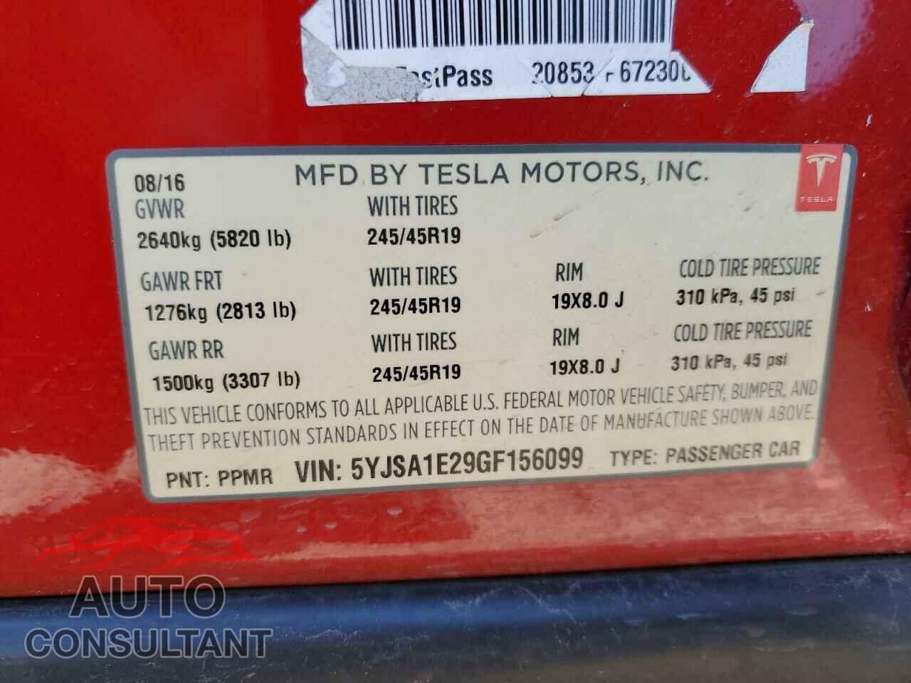 TESLA MODEL S 2016 - 5YJSA1E29GF156099