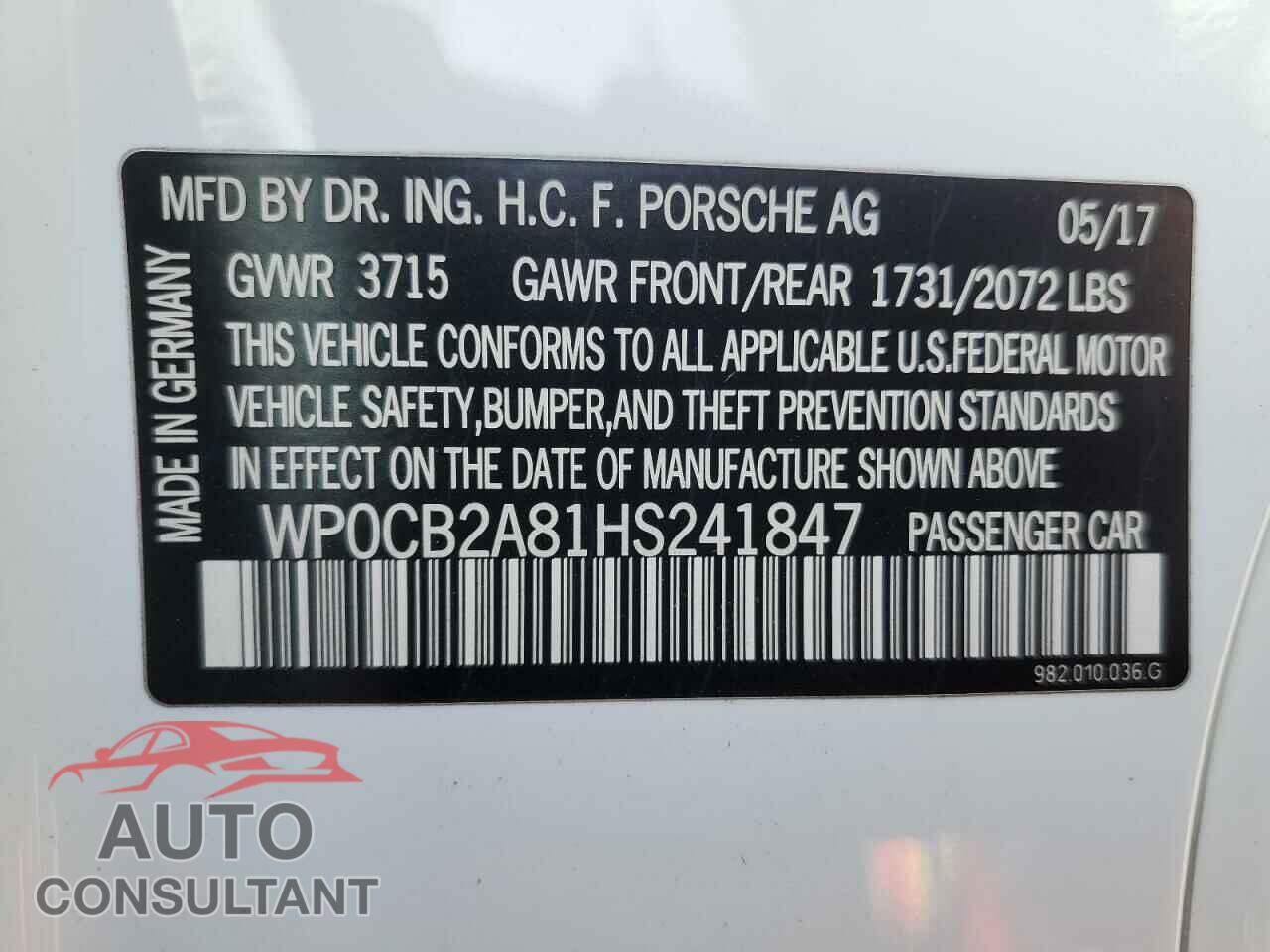 PORSCHE BOXSTER 2017 - WP0CB2A81HS241847