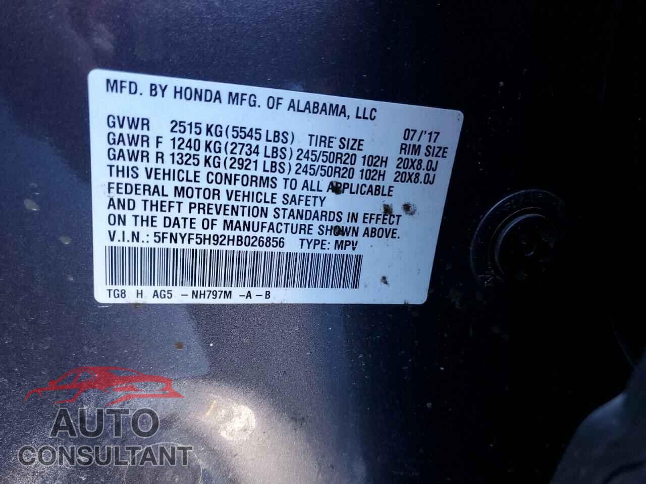 HONDA PILOT 2017 - 5FNYF5H92HB026856