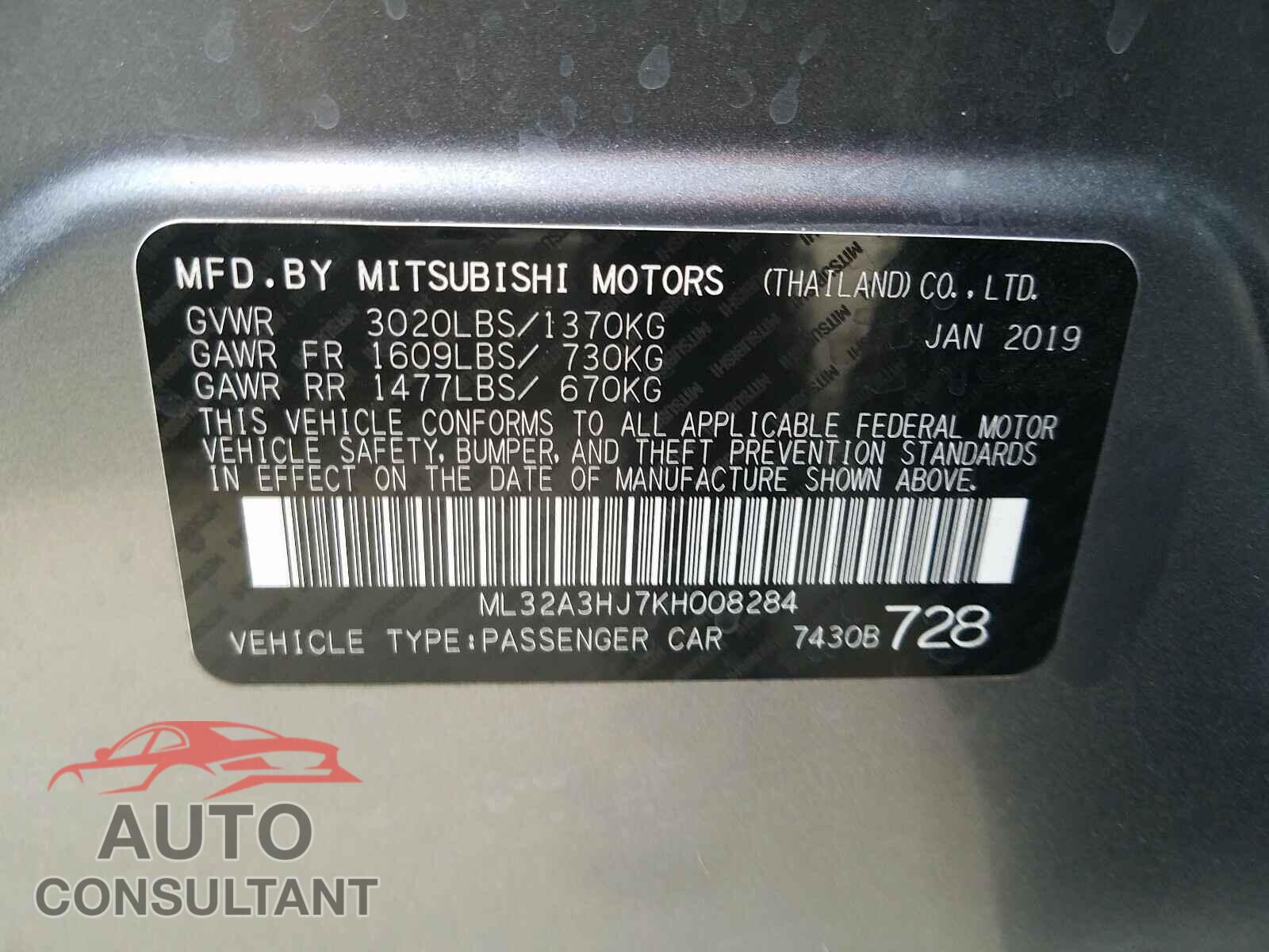 MITSUBISHI MIRAGE 2019 - ML32A3HJ7KH008284