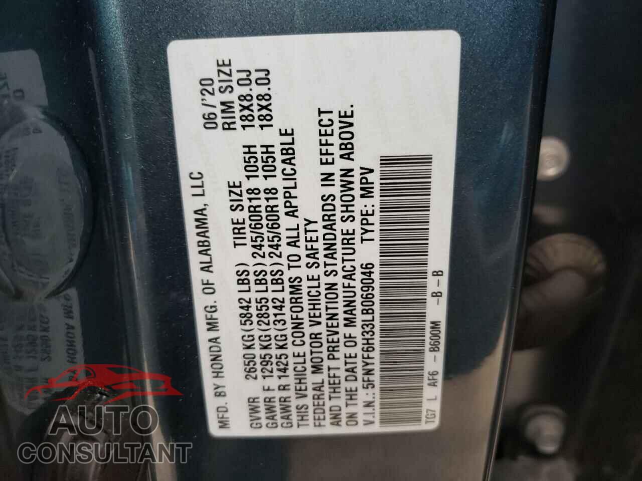 HONDA PILOT 2020 - 5FNYF6H33LB069046