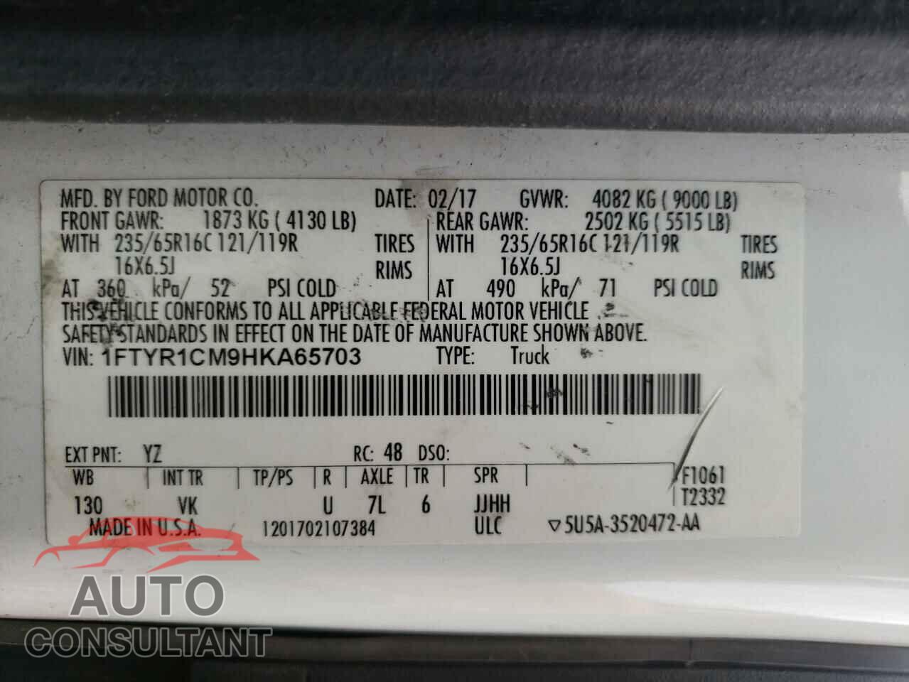 FORD TRANSIT CO 2017 - 1FTYR1CM9HKA65703
