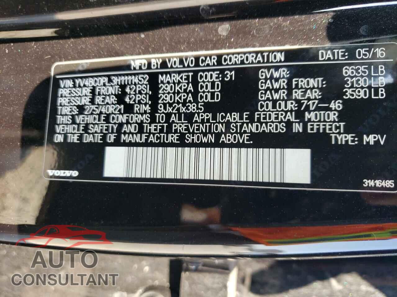 VOLVO XC90 2017 - YV4BC0PL3H1111452