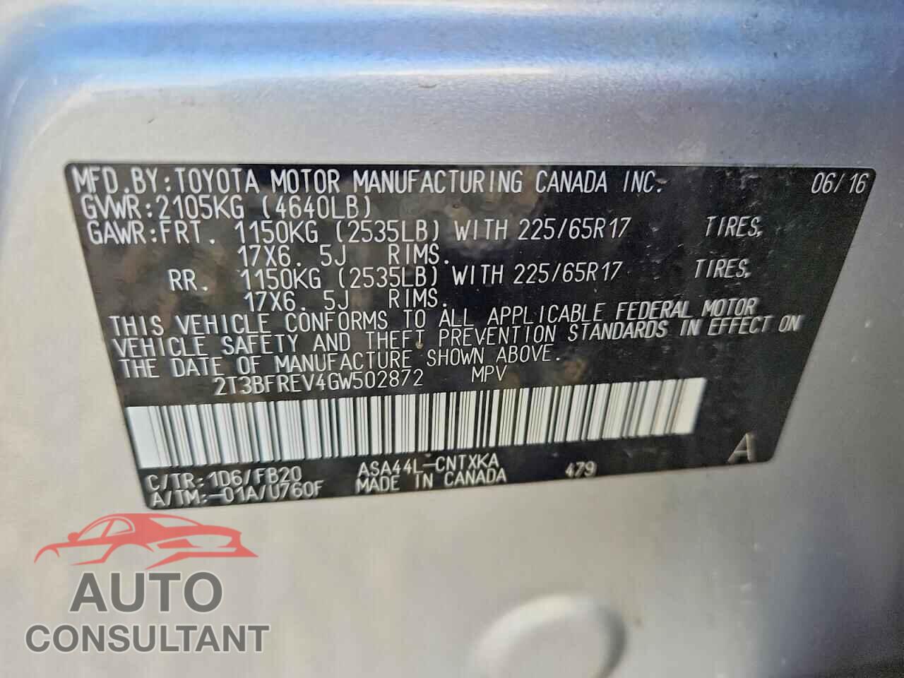 TOYOTA RAV4 2016 - 2T3BFREV4GW502872