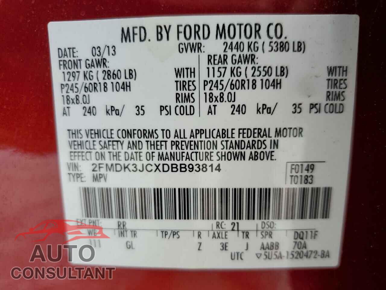 FORD EDGE 2013 - 2FMDK3JCXDBB93814