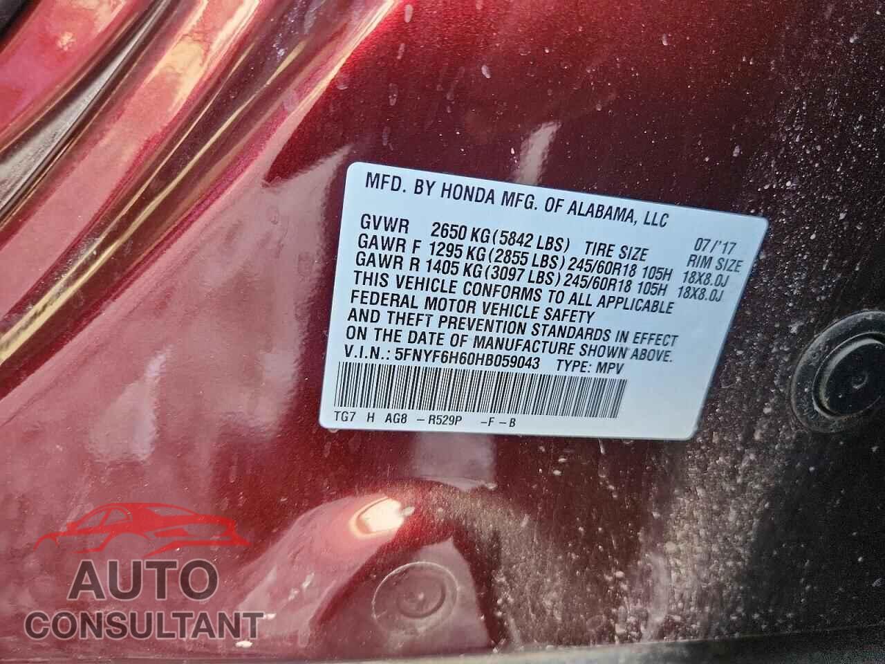 HONDA PILOT 2017 - 5FNYF6H60HB059043