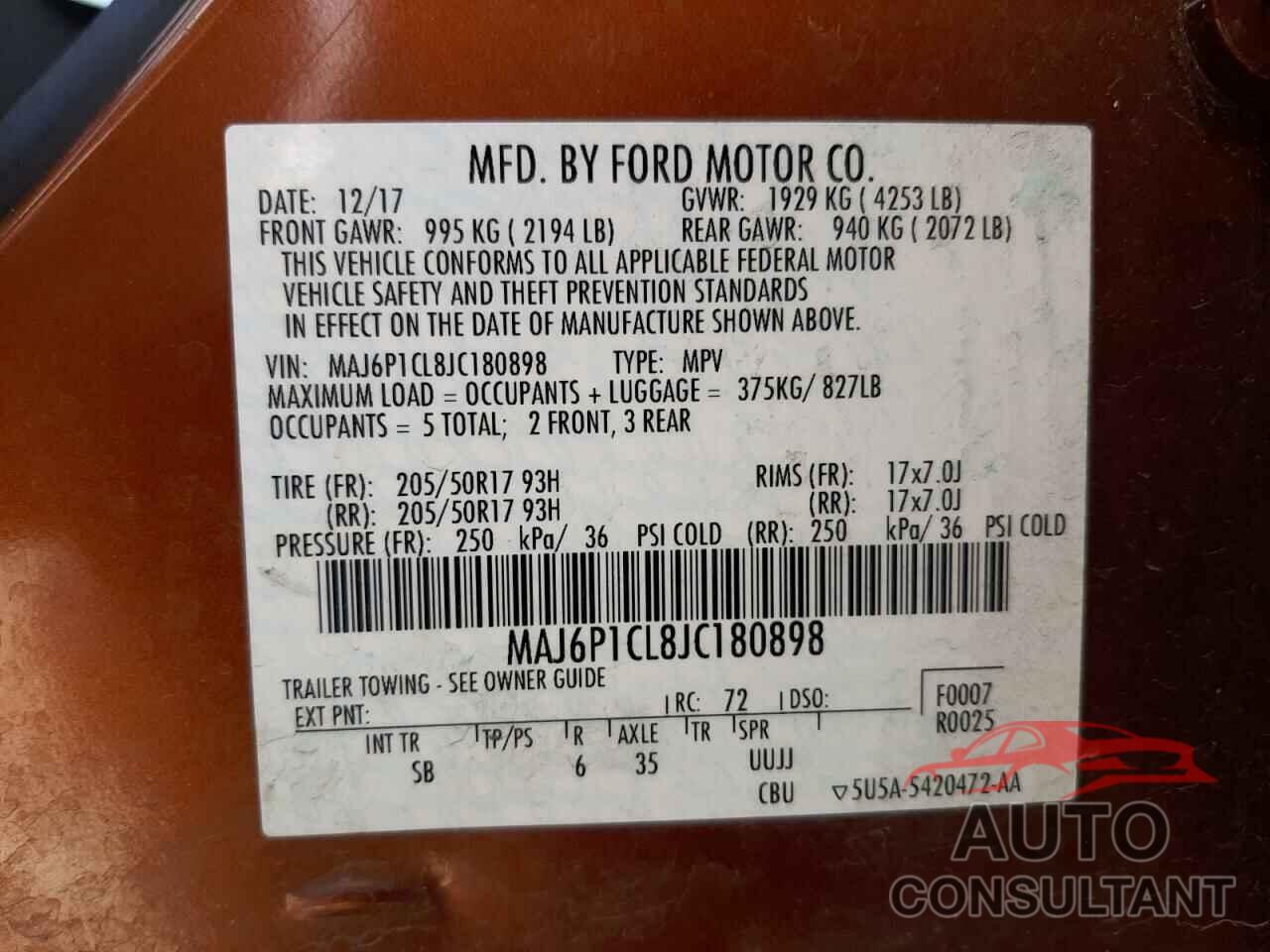 FORD ALL OTHER 2018 - MAJ6P1CL8JC180898