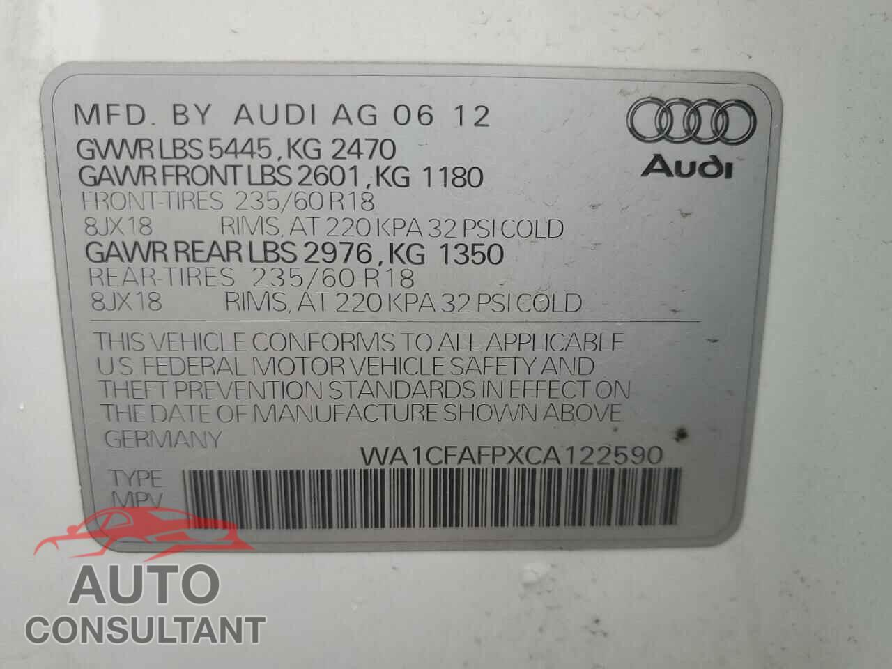 AUDI Q5 2012 - WA1CFAFPXCA122590