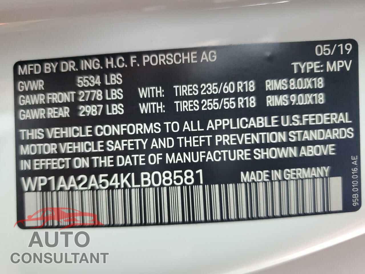 PORSCHE MACAN 2019 - WP1AA2A54KLB08581