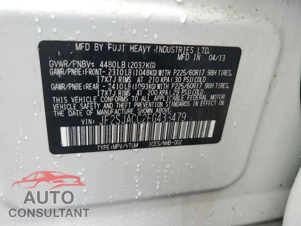 SUBARU FORESTER 2014 - JF2SJACC2EG433479