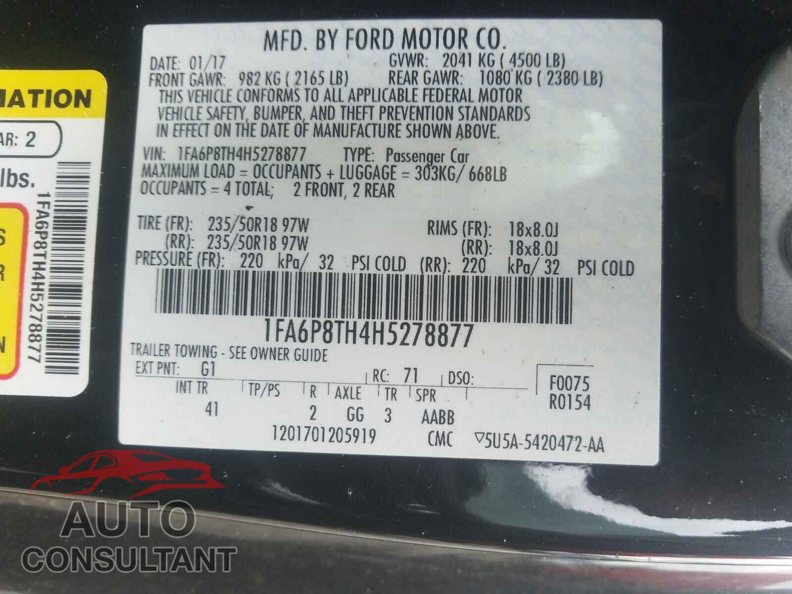 FORD MUSTANG 2017 - 1FA6P8TH4H5278877