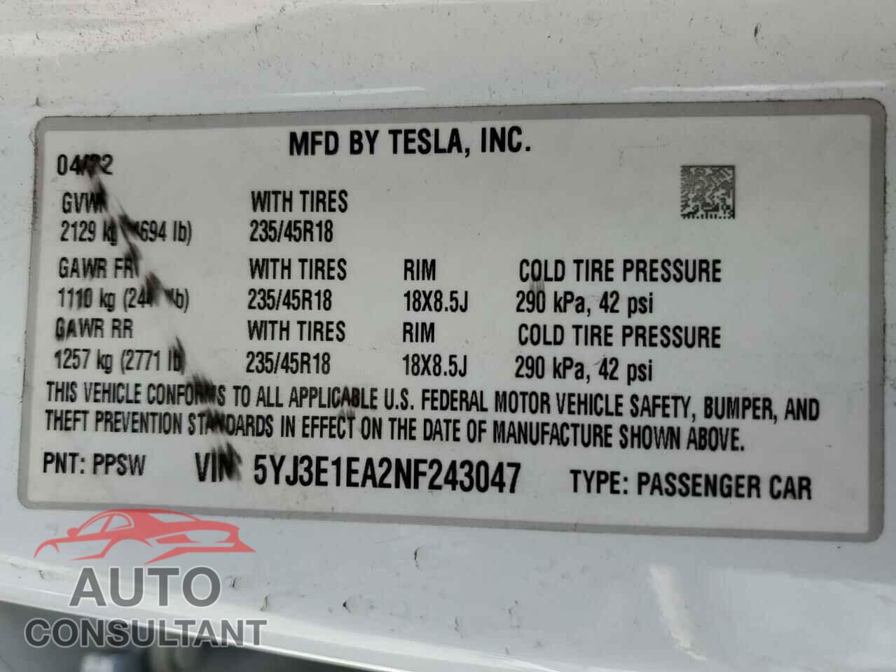 TESLA MODEL 3 2022 - 5YJ3E1EA2NF243047