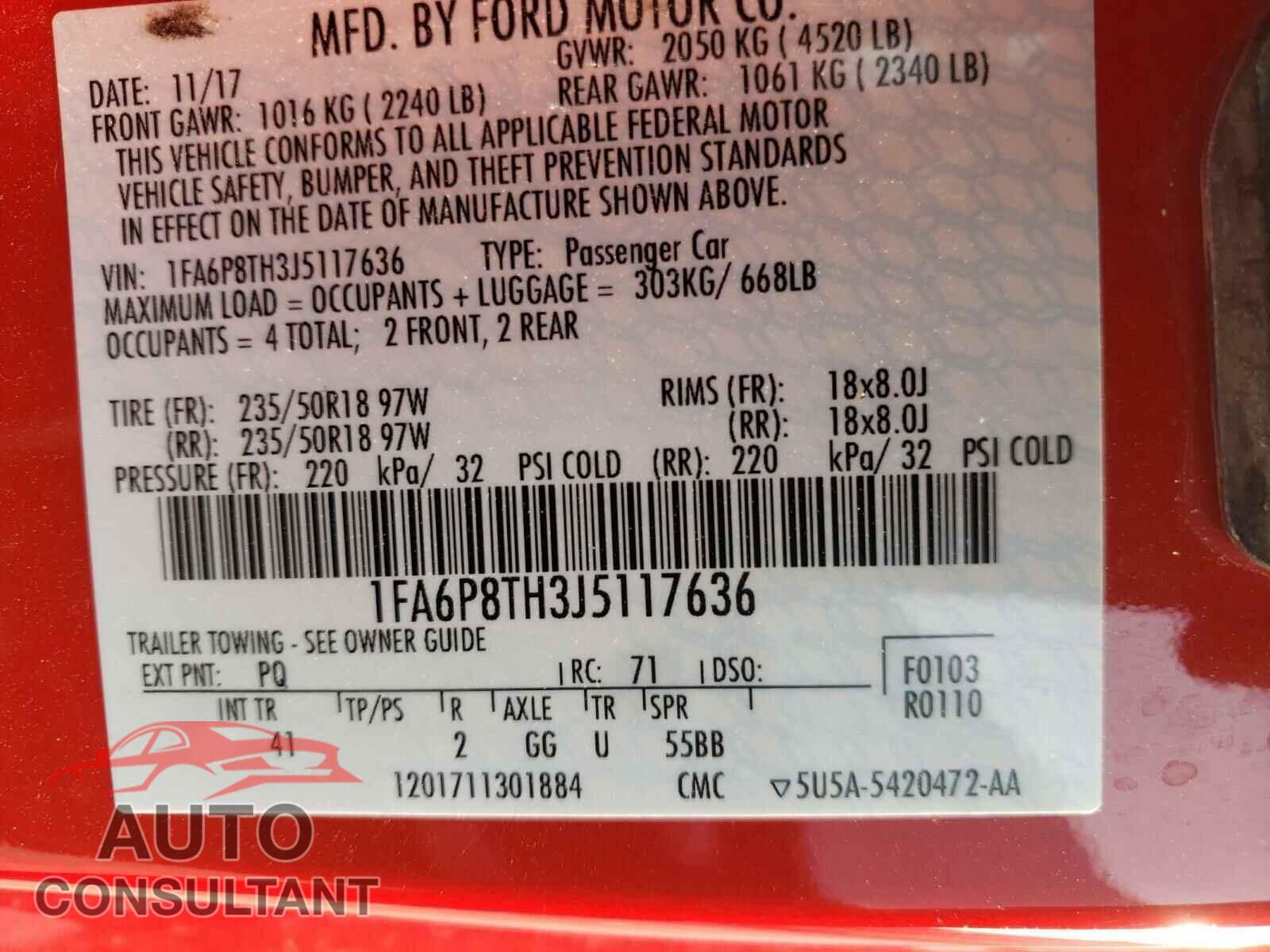 FORD MUSTANG 2018 - 1FA6P8TH3J5117636