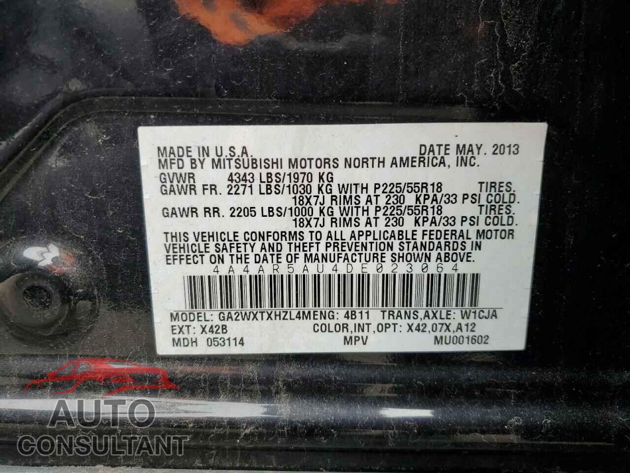MITSUBISHI OUTLANDER 2013 - 4A4AR5AU4DE023064