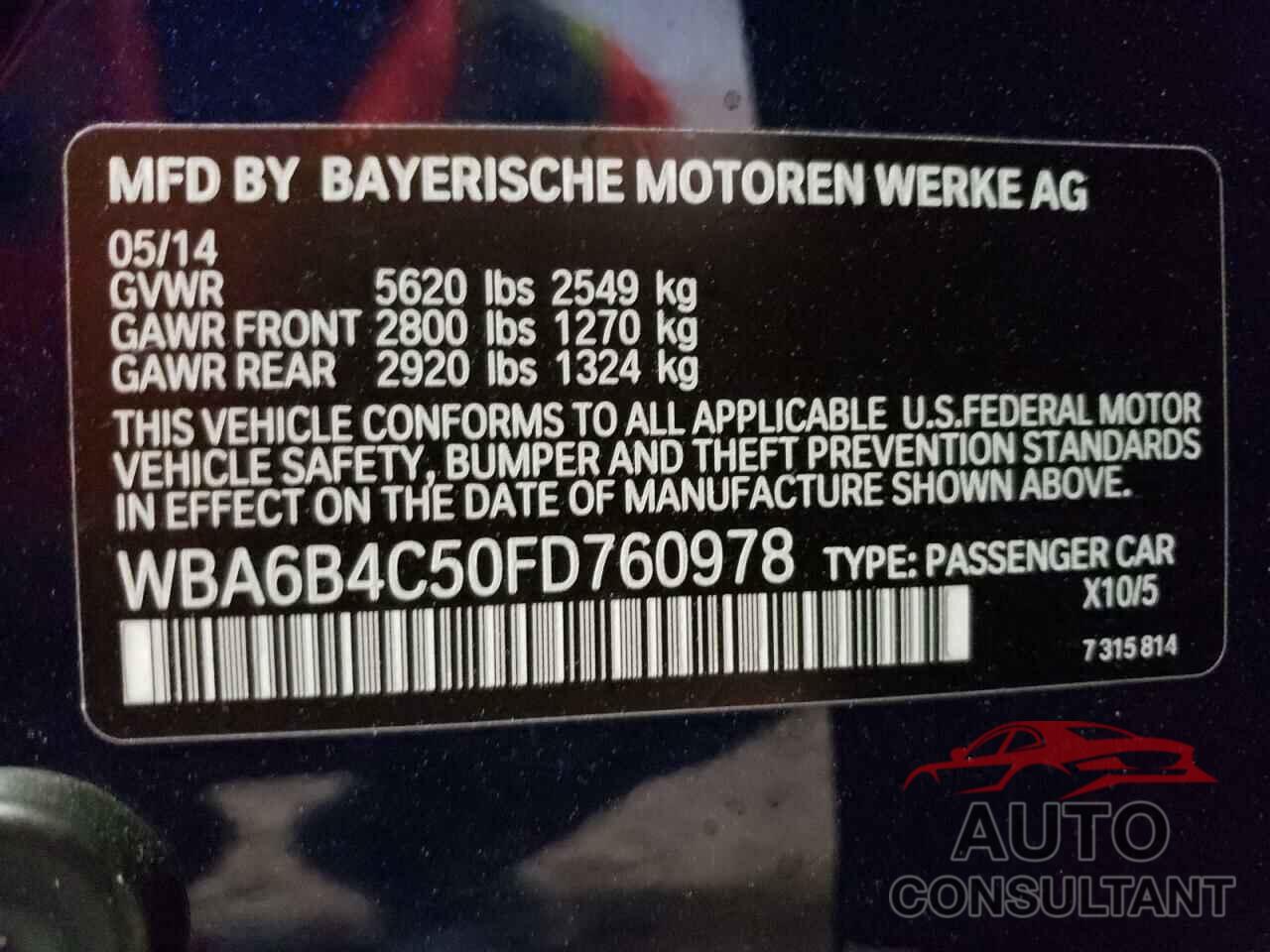 BMW 6 SERIES 2015 - WBA6B4C50FD760978