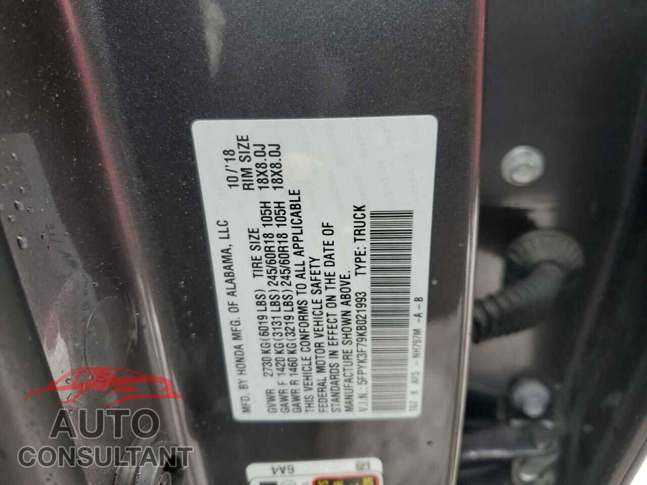 HONDA RIDGELINE 2019 - 5FPYK3F79KB021993