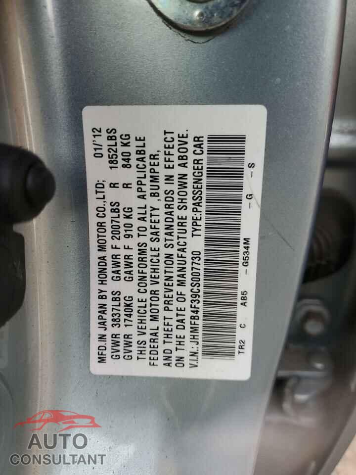 HONDA CIVIC 2012 - JHMFB4F39CS007730