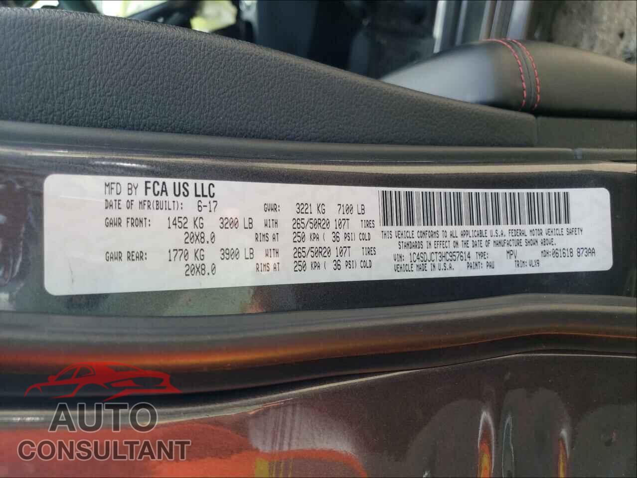 DODGE DURANGO 2017 - 1C4SDJCT3HC957614