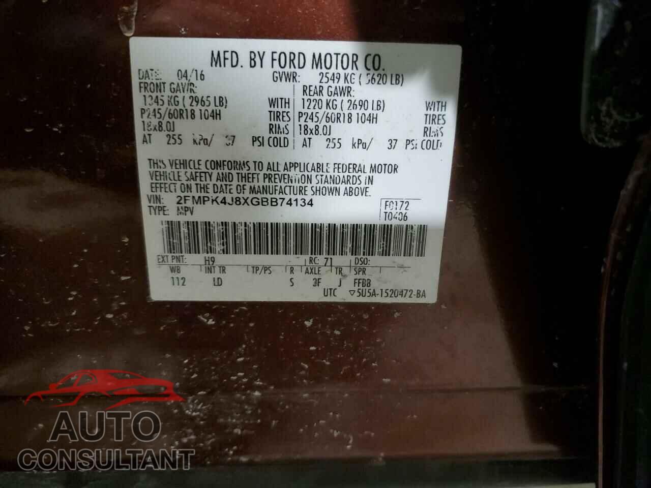FORD EDGE 2016 - 2FMPK4J8XGBB74134