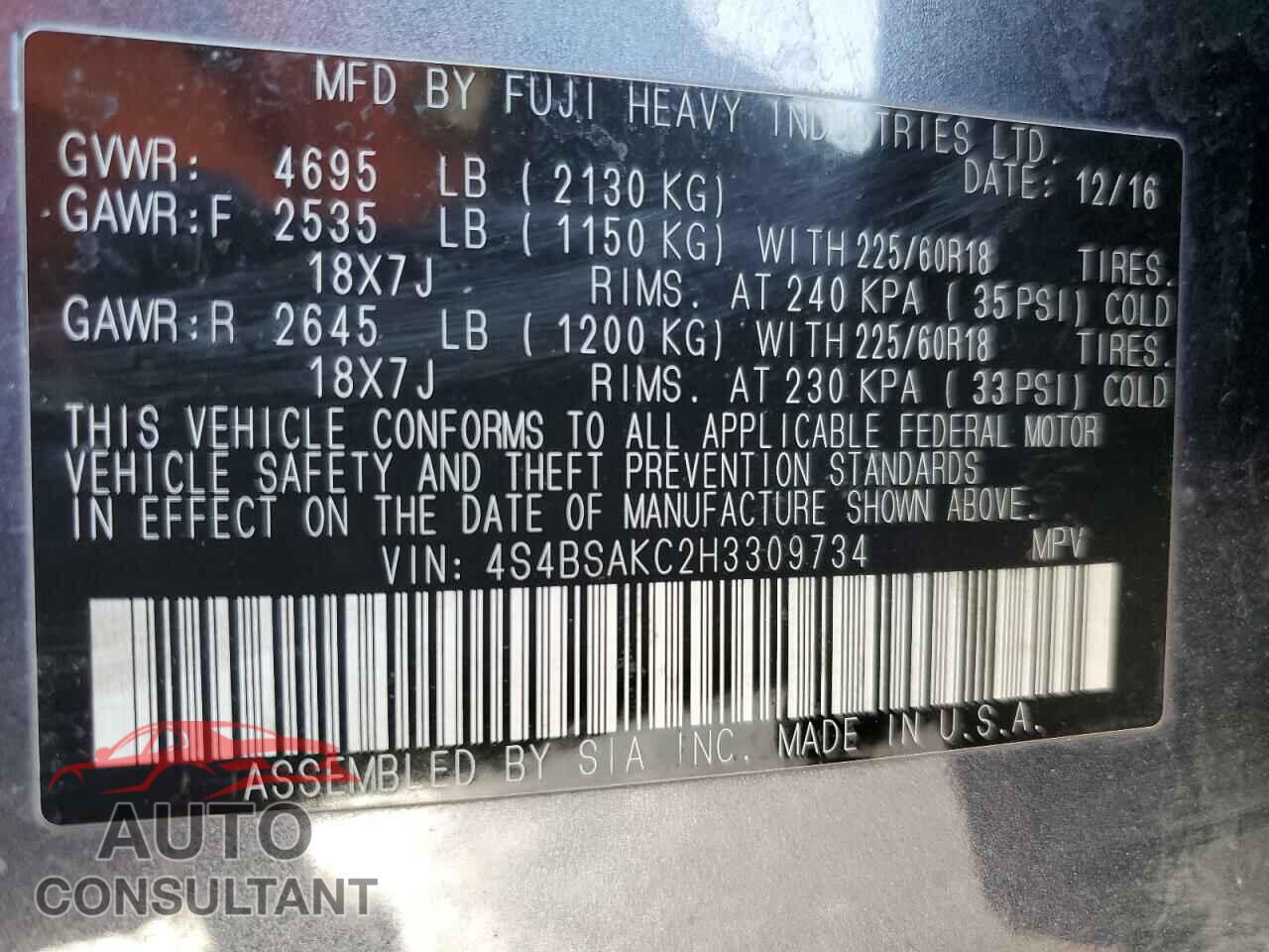 SUBARU OUTBACK 2017 - 4S4BSAKC2H3309734