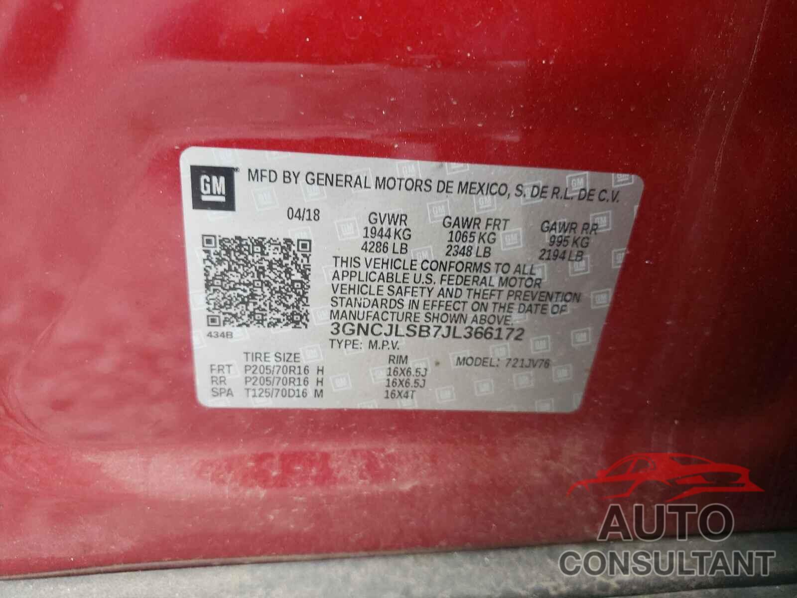 CHEVROLET TRAX 2018 - 3GNCJLSB7JL366172